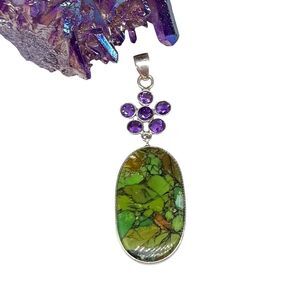 Green Turquoise & Amethyst Flower Necklace Pendant Solid 925 Sterling Silver